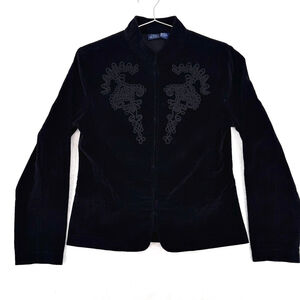 Vintage Black Cotton Corduroy Waist Jacket Peplum Cut Applique Ribbon Whimsigoth